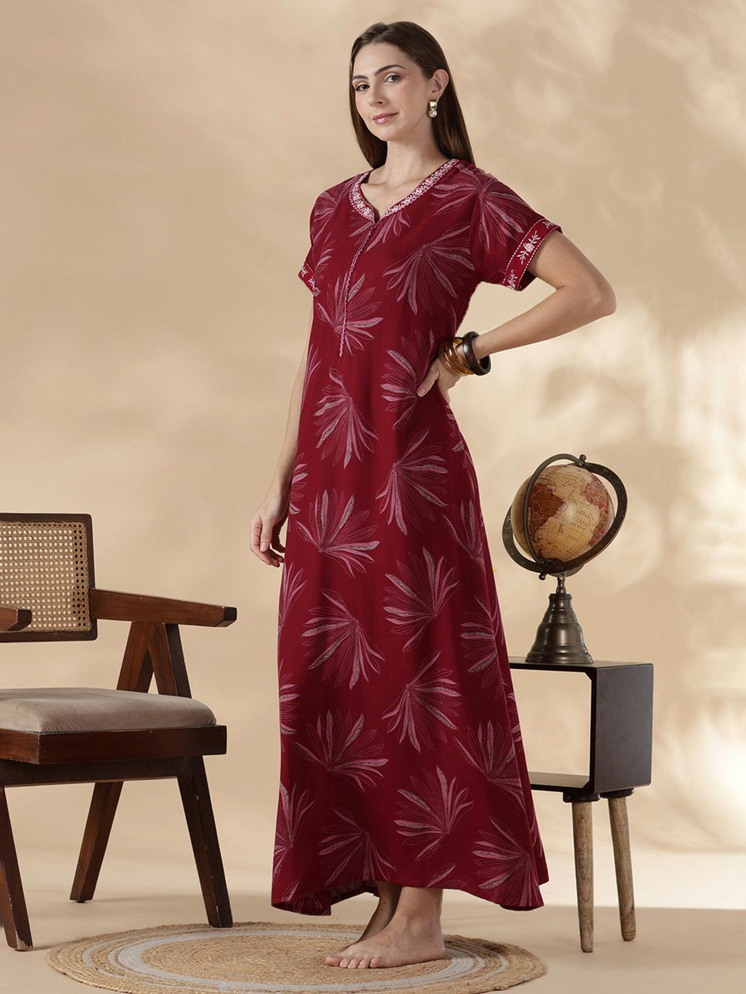 Alpine floral dusk maroon cozy feeding nighty for women