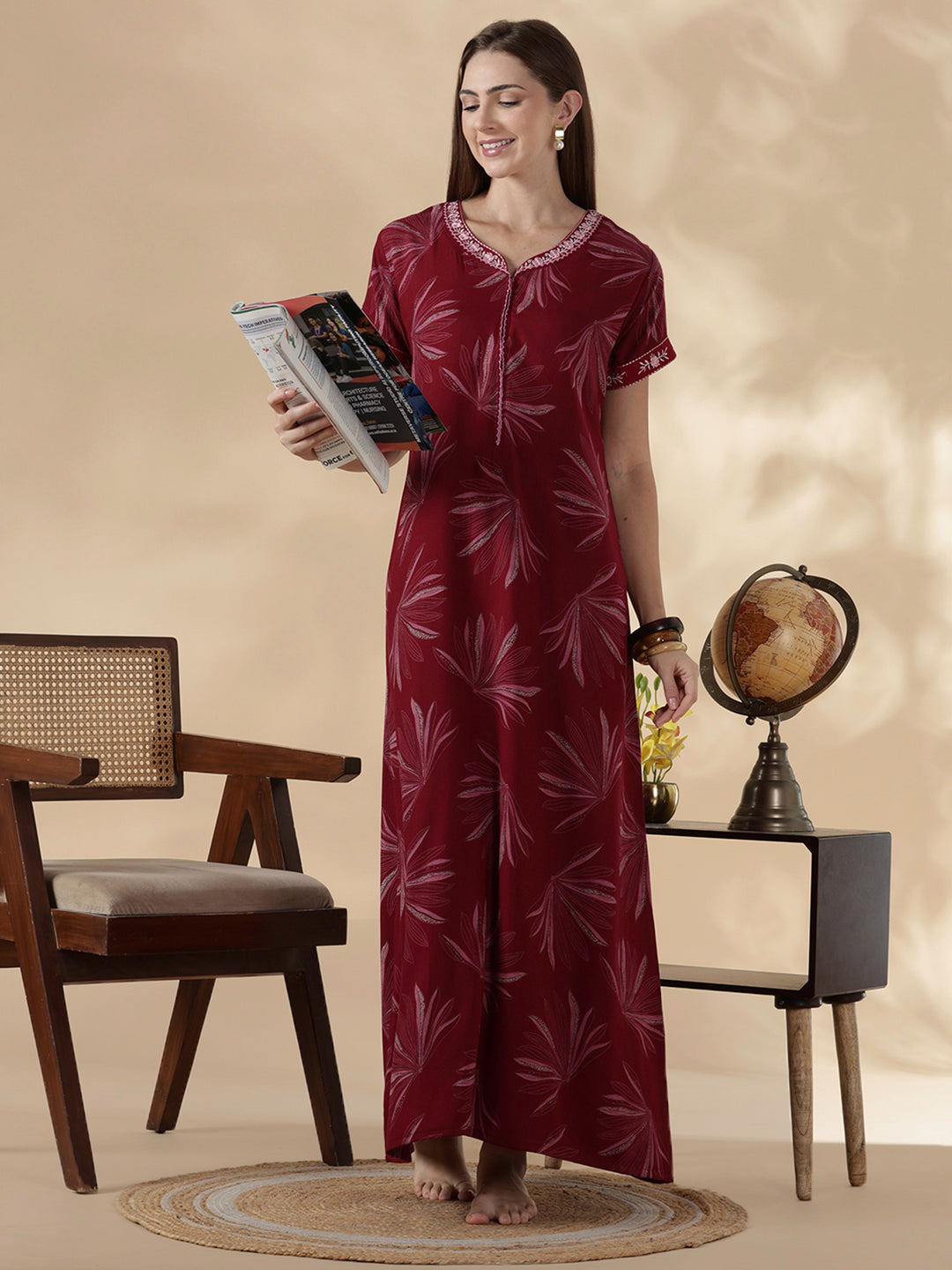 Alpine floral dusk maroon cozy feeding nighty for women