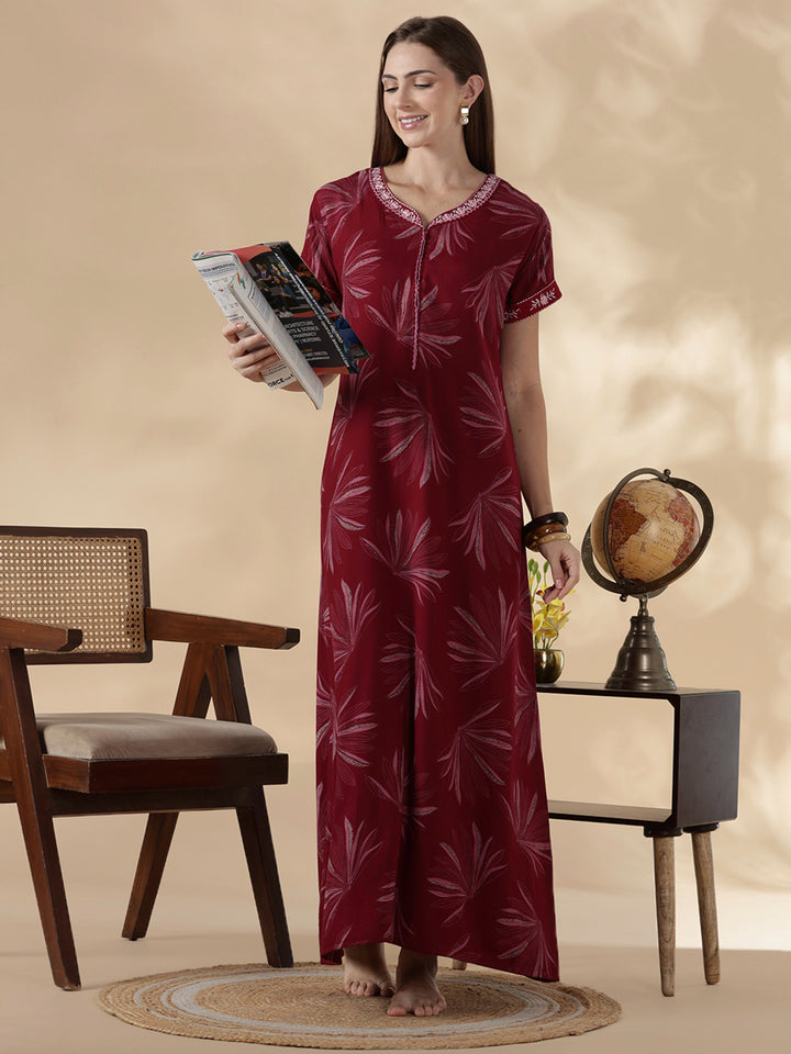 Alpine floral dusk maroon cozy feeding nighty for women