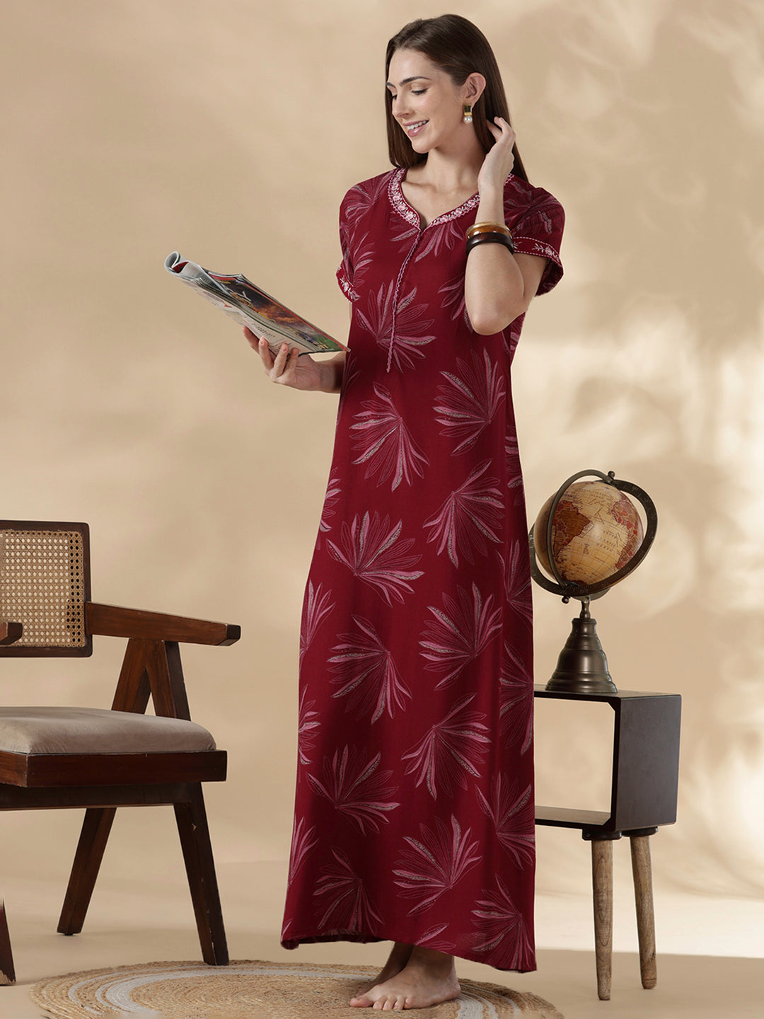 Alpine floral dusk maroon cozy feeding nighty for women