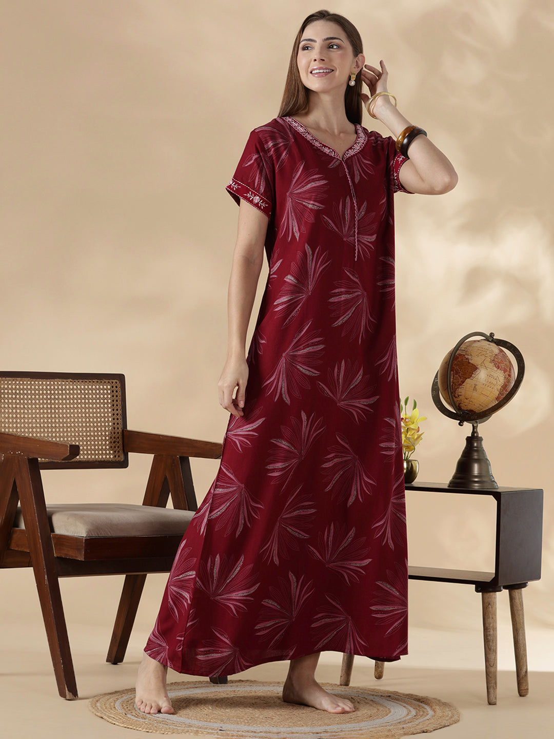 Alpine floral dusk maroon cozy feeding nighty for women