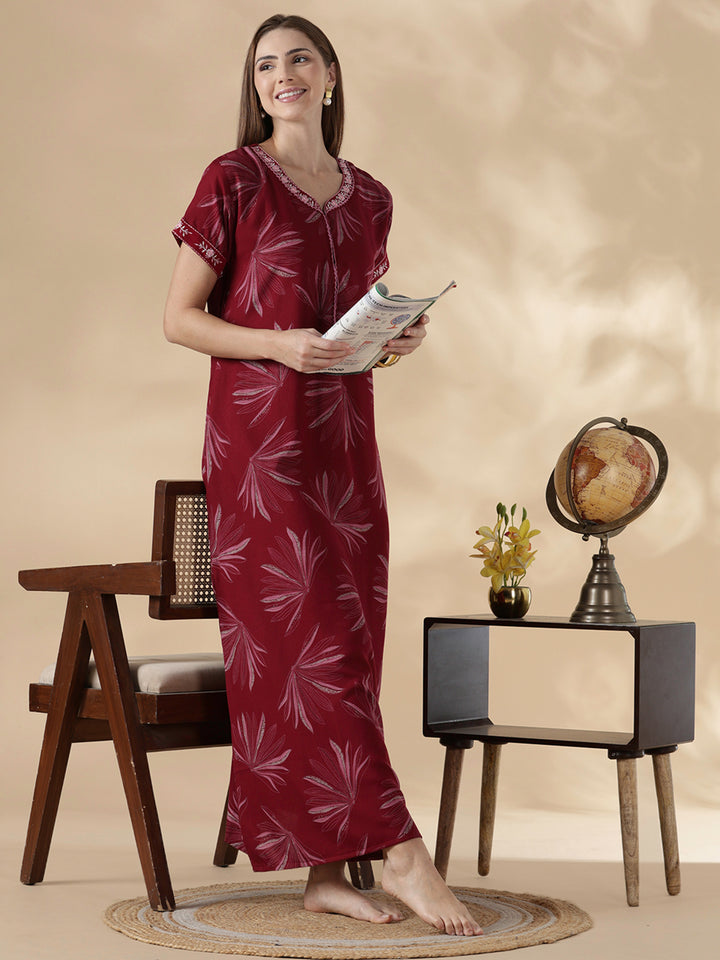 Alpine floral dusk maroon cozy feeding nighty for women