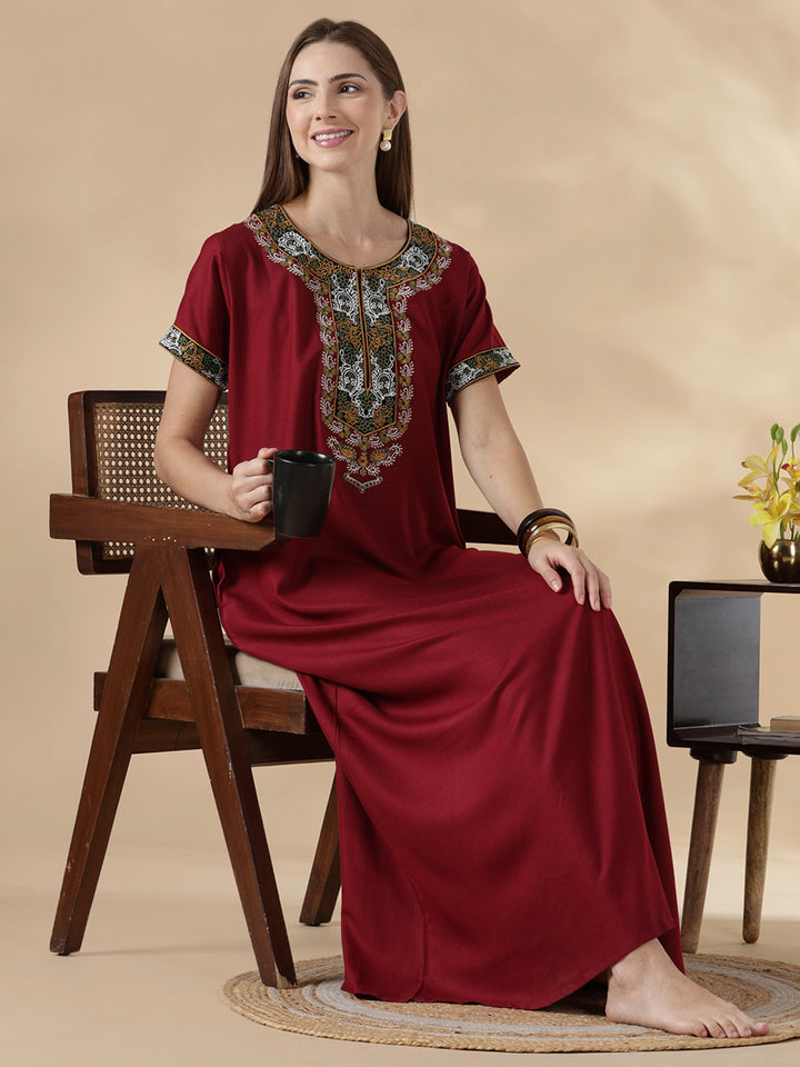 Heritage style maroon alpine cozy night dress for women