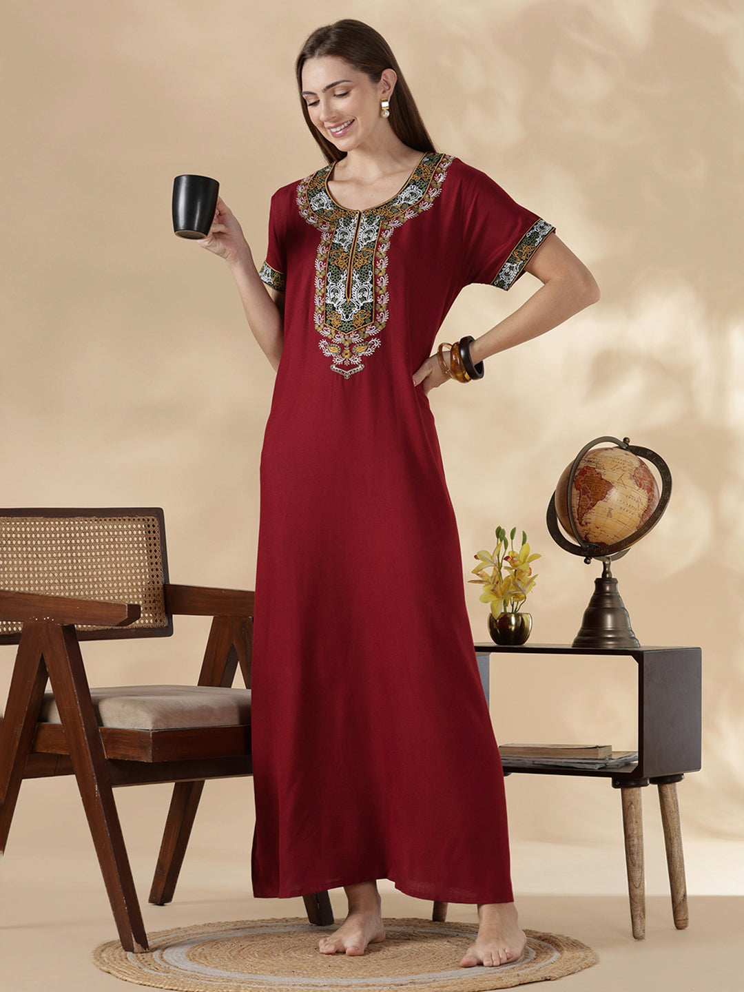 Heritage style maroon alpine cozy night dress for women
