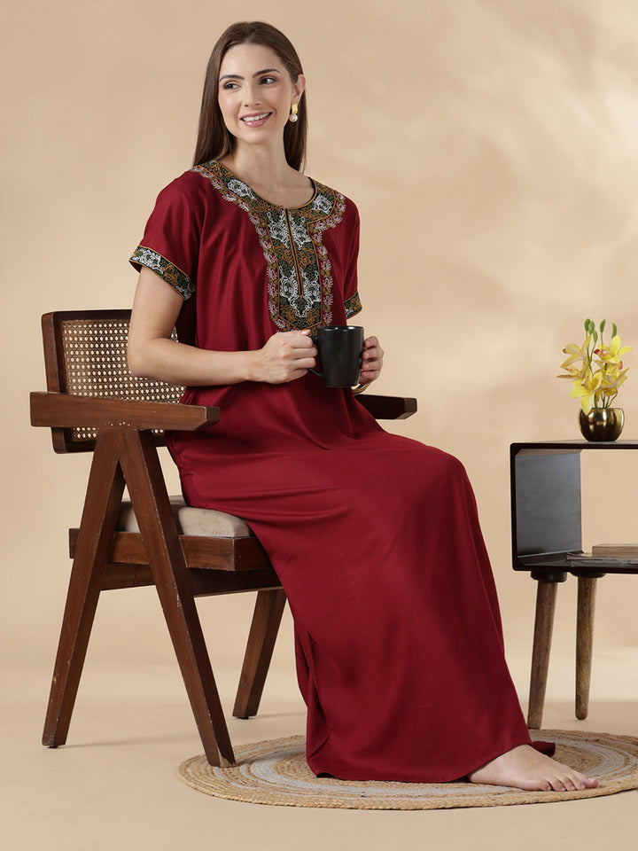 Heritage style maroon alpine cozy night dress for women