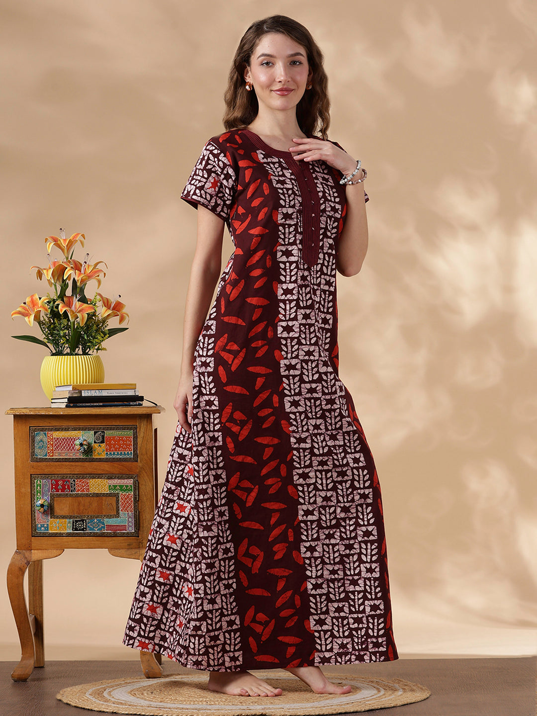 Maroon Batik Soft Daily Wear Pure Cotton Best Womens Nighty