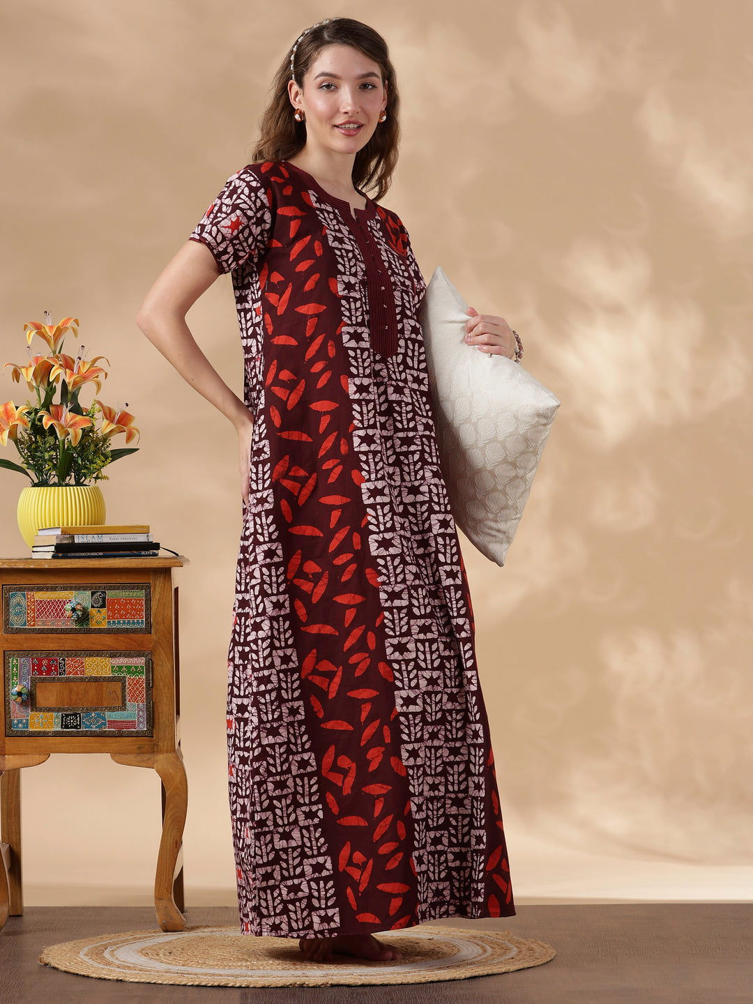 Maroon Batik Soft Daily Wear Pure Cotton Best Womens Nighty