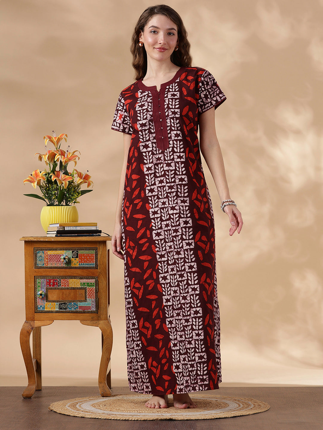 Maroon Batik Soft Daily Wear Pure Cotton Best Womens Nighty
