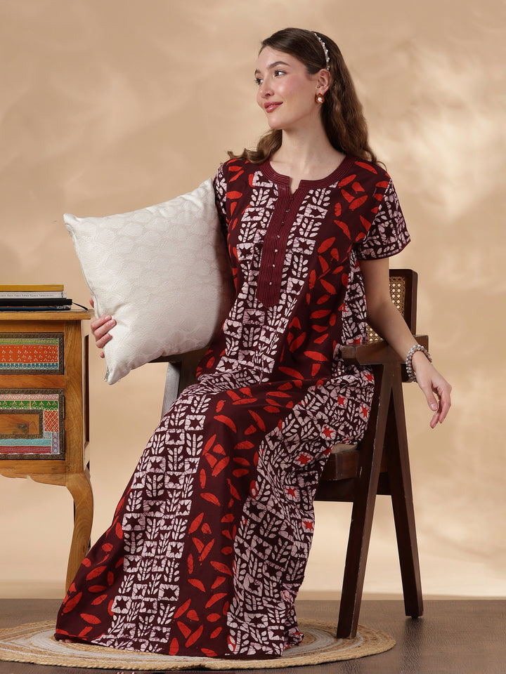 Maroon Batik Soft Daily Wear Pure Cotton Best Womens Nighty