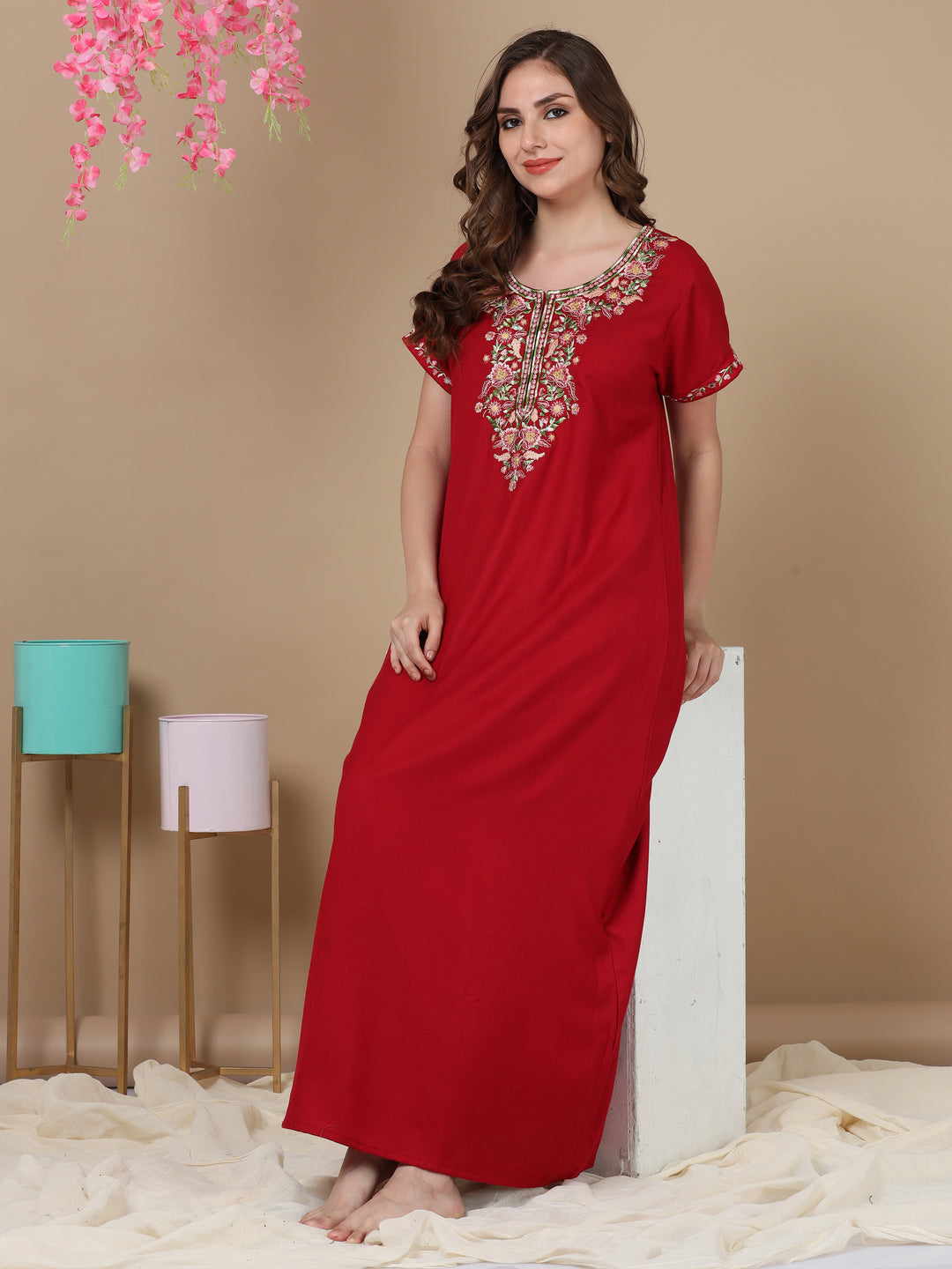 Maroon alpine fabric designer nighty for women with a traditional style