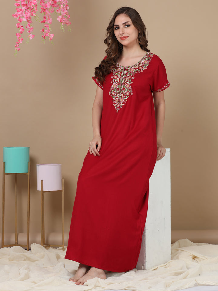 Maroon alpine fabric designer nighty for women with a traditional style