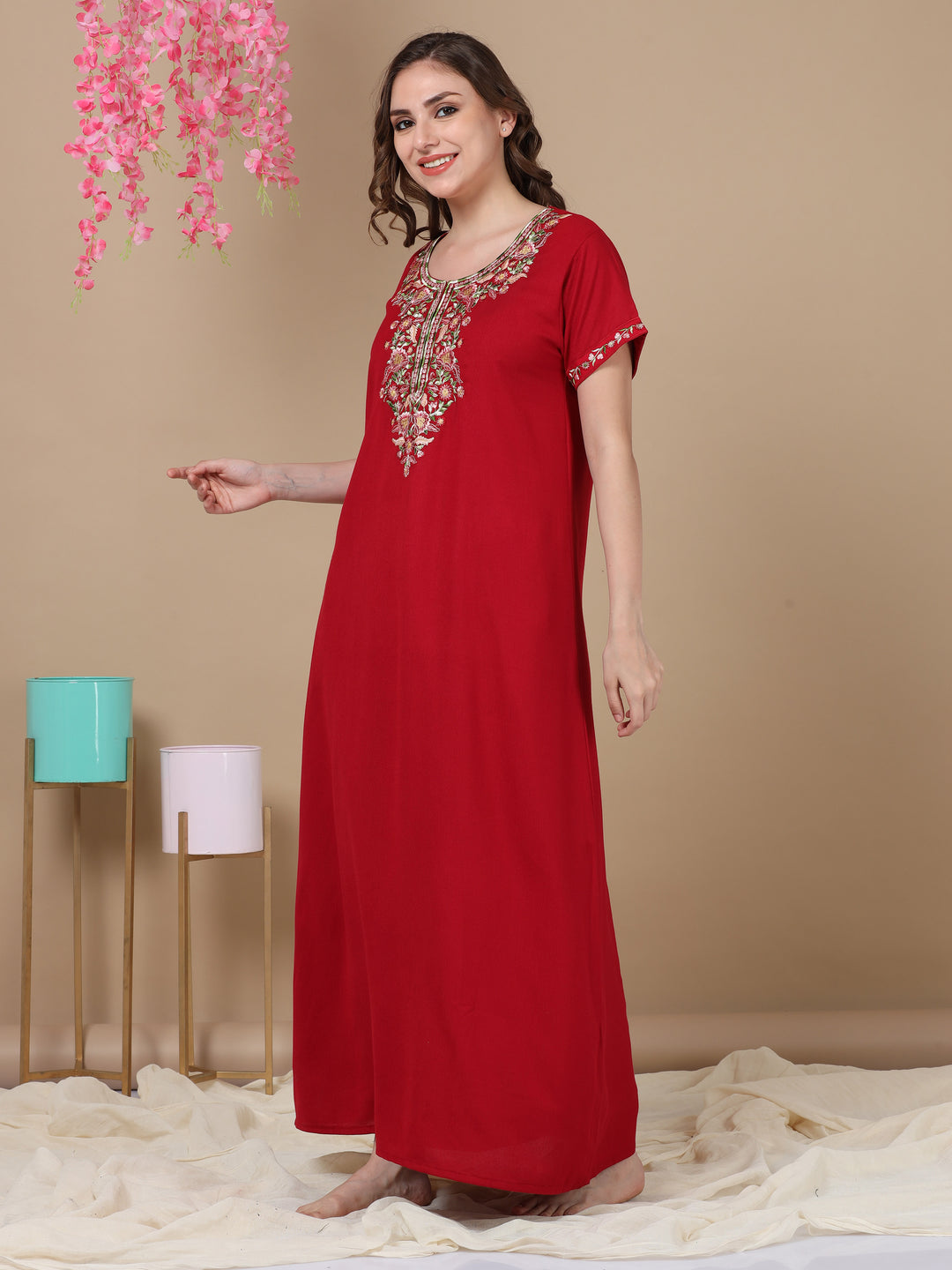 Embroidered Maroon Designer Alpine Nighty for Women