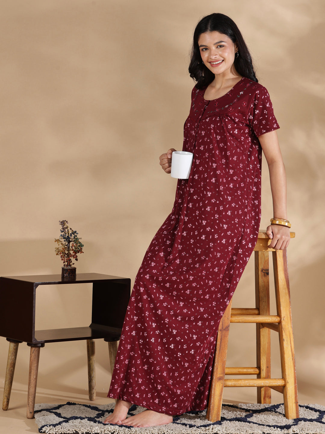 Maroon floral cotton blend nightydress for women online