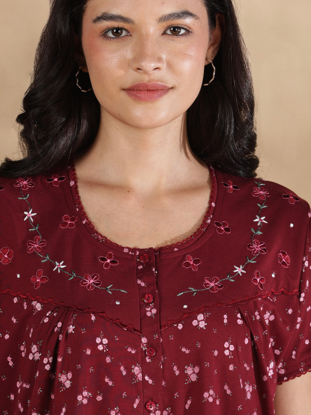 Maroon floral cotton blend nightydress for women online