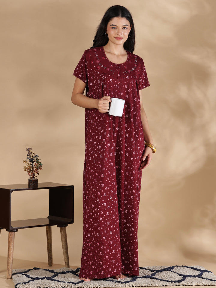 Maroon floral cotton blend nightydress for women online