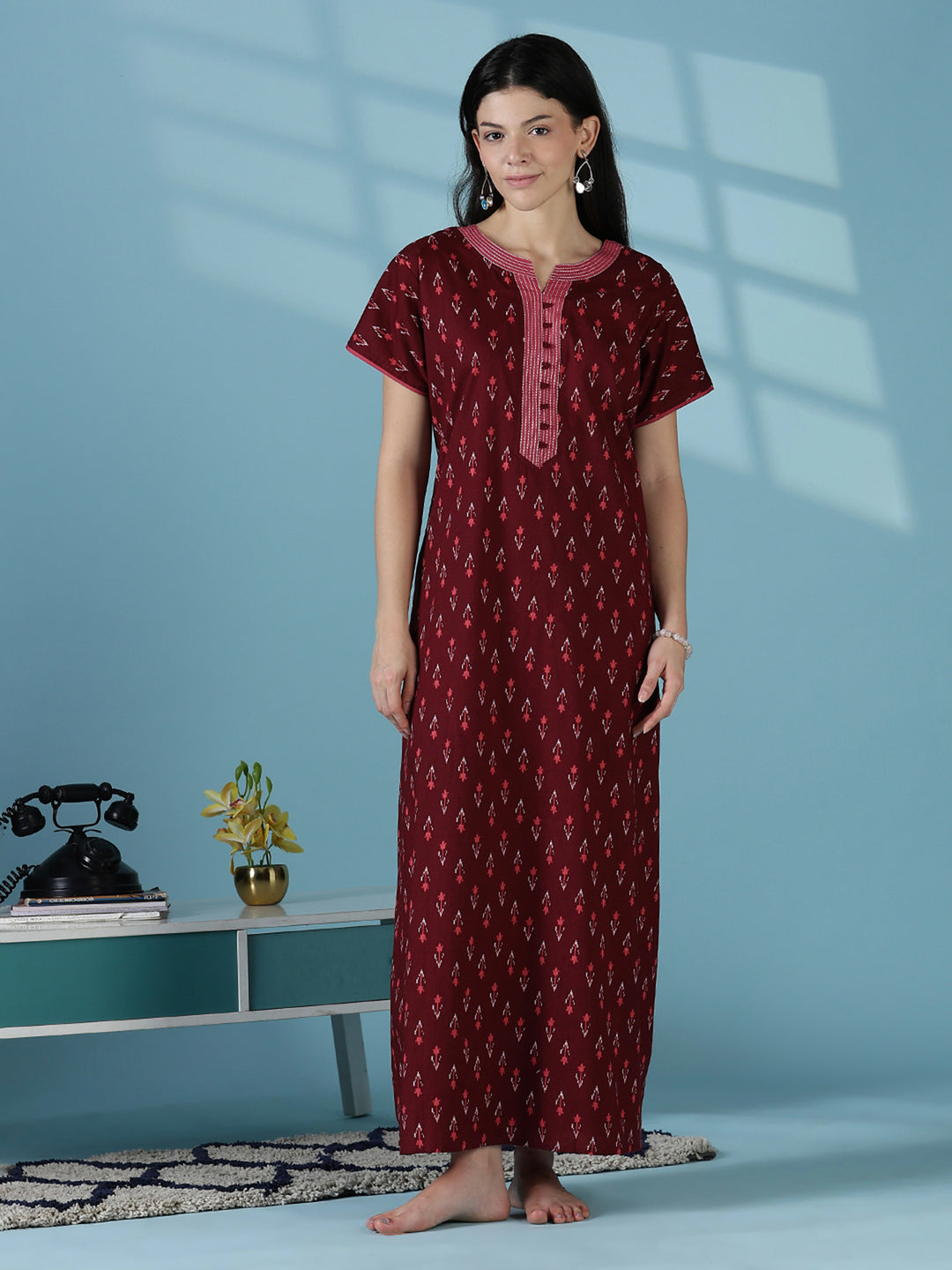 Maroon ikat print comfortable pure cotton nighty for women