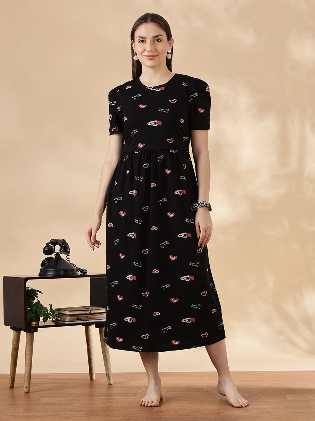 Black blush hearts feeding friendly cozy maternity nighty