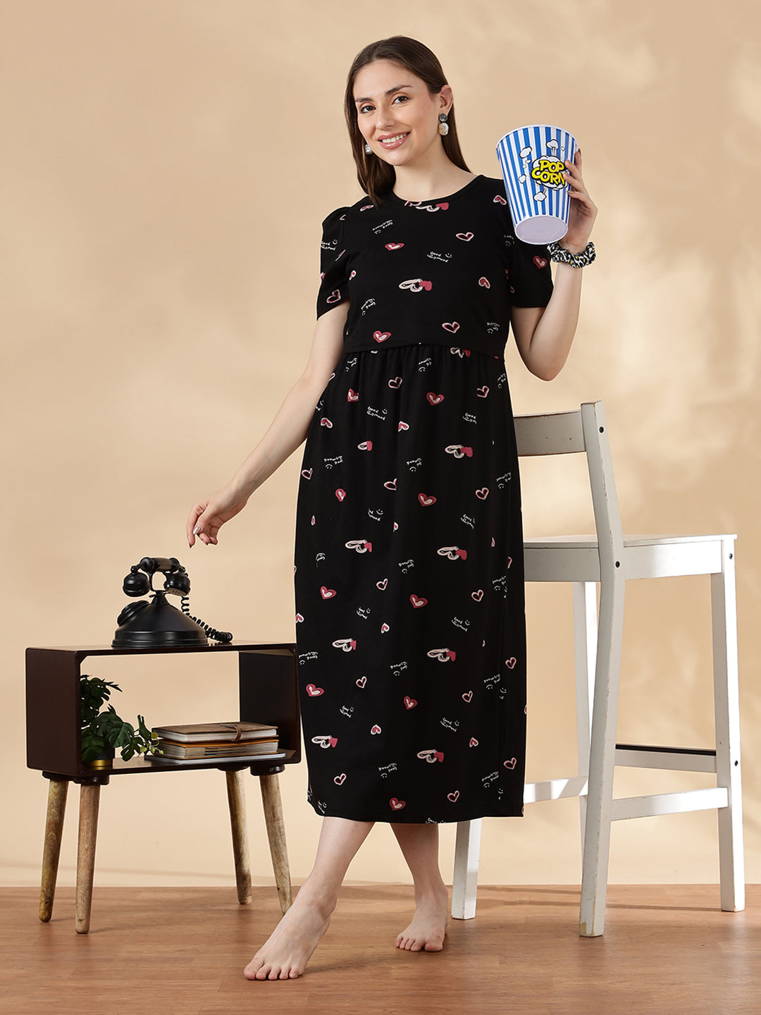 Black blush hearts feeding friendly cozy maternity nighty