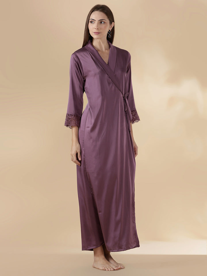 Modern style mauve satin nighty for women with lace robe set