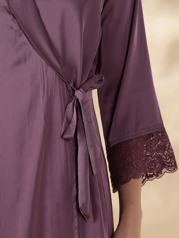 Modern style mauve satin nighty for women with lace robe set