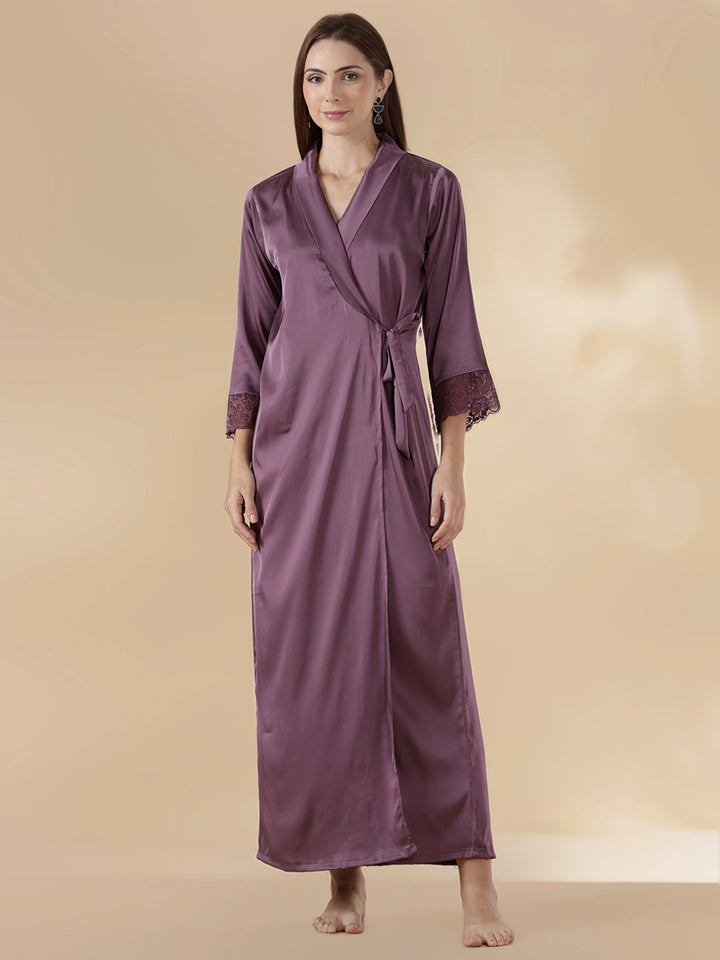 Modern style mauve satin nighty for women with lace robe set