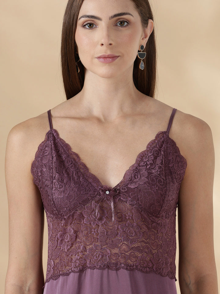 Modern style mauve satin nighty for women with lace robe set
