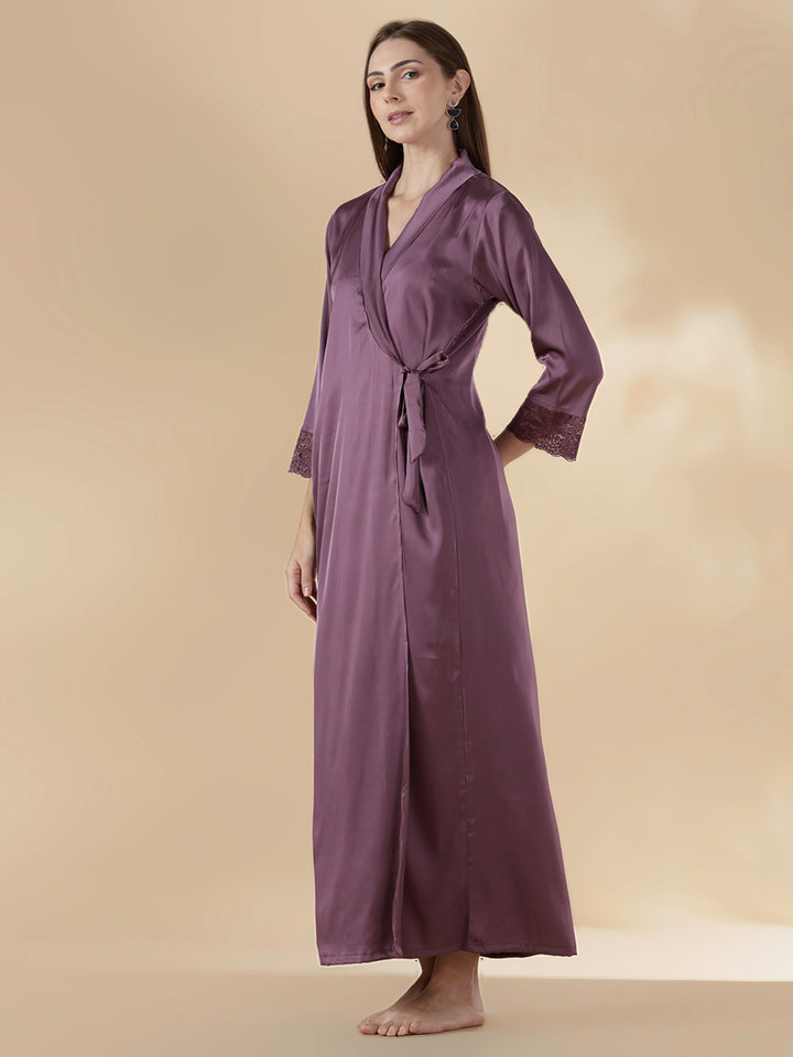 Modern style mauve satin nighty for women with lace robe set