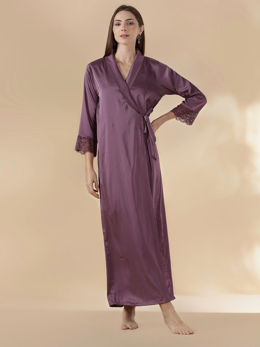 Modern style mauve satin nighty for women with lace robe set