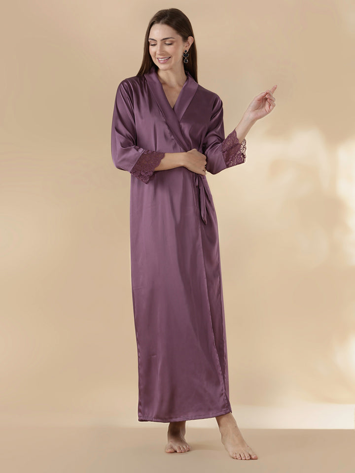 Modern style mauve satin nighty for women with lace robe set