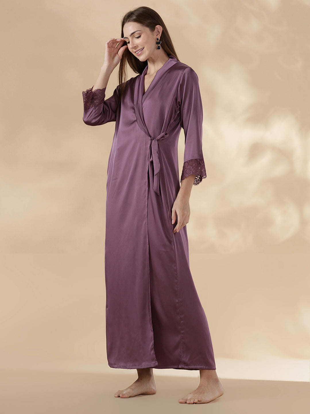 Modern style mauve satin nighty for women with lace robe set