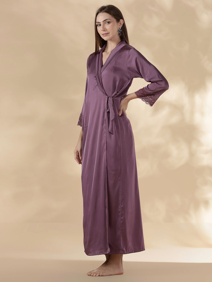 Modern style mauve satin nighty for women with lace robe set