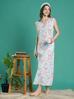 Saheli Bamboo Crush Cotton Floral Mint Sleeveless Nighty for Women