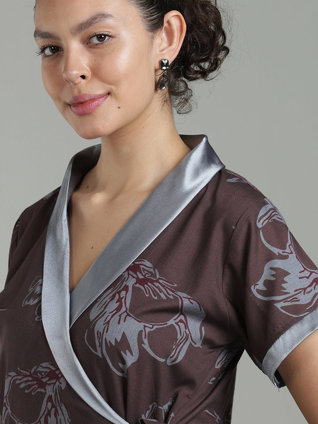 Brown mist viscose blend branded housecoat for women