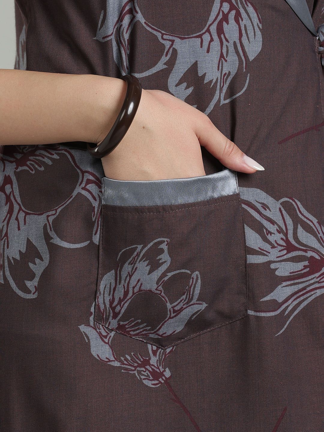 Brown Mist Viscose Blend Housecoat with Floral Sketch Print for Women