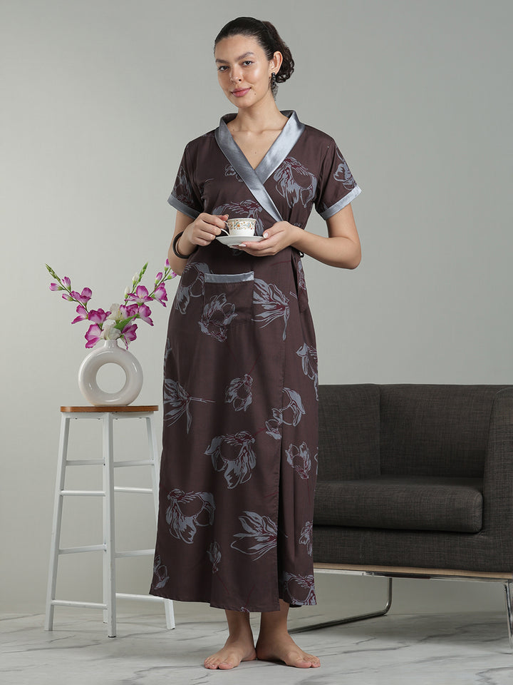 Brown mist viscose blend branded housecoat for women