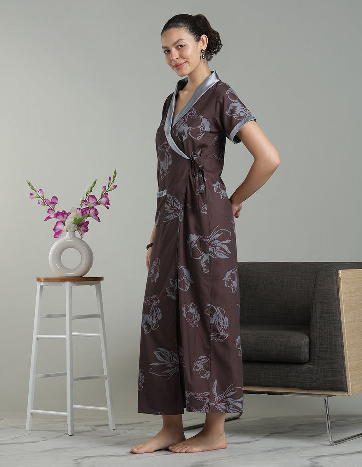 Brown mist viscose blend branded housecoat for women