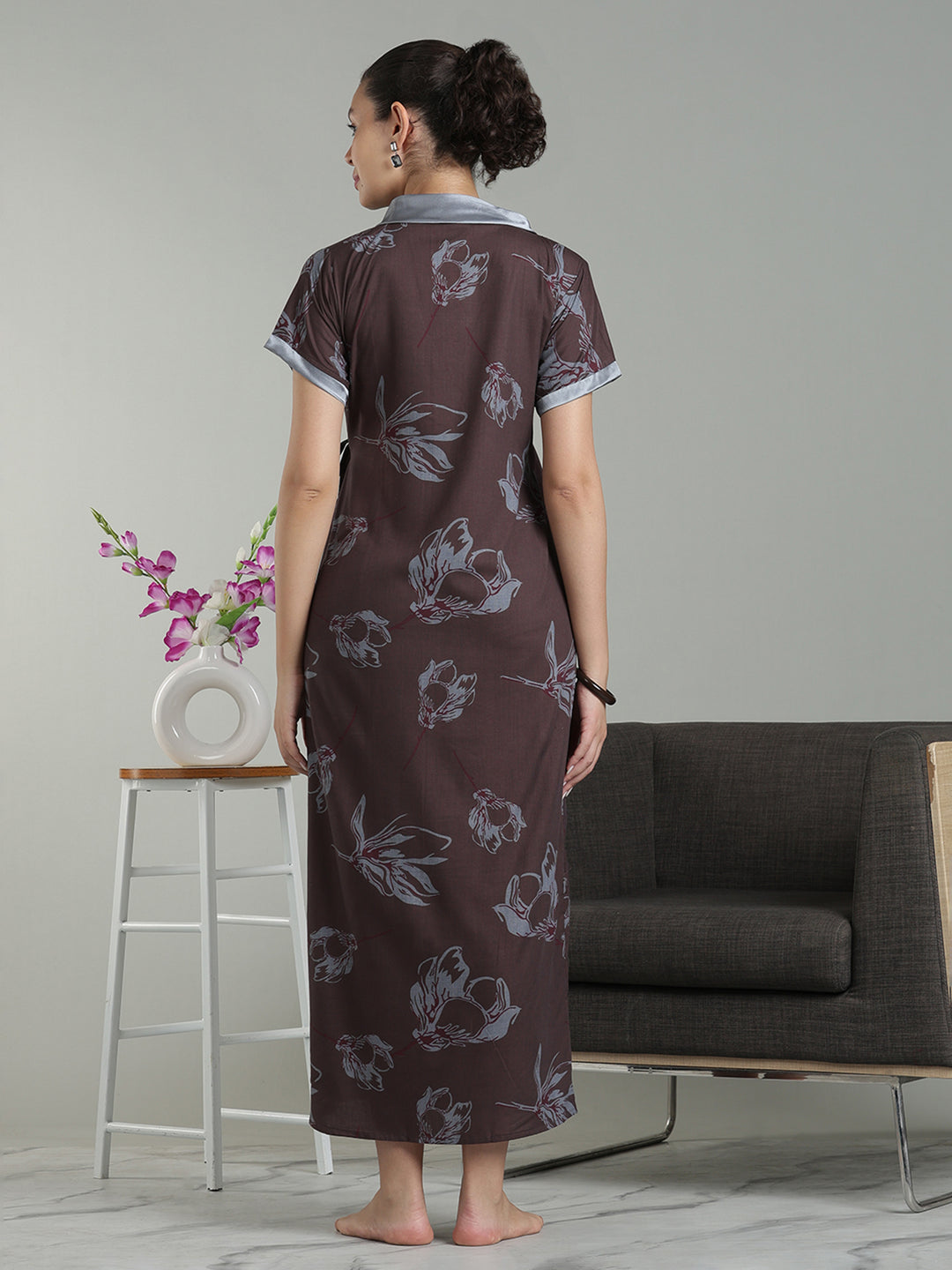 Brown mist viscose blend branded housecoat for women