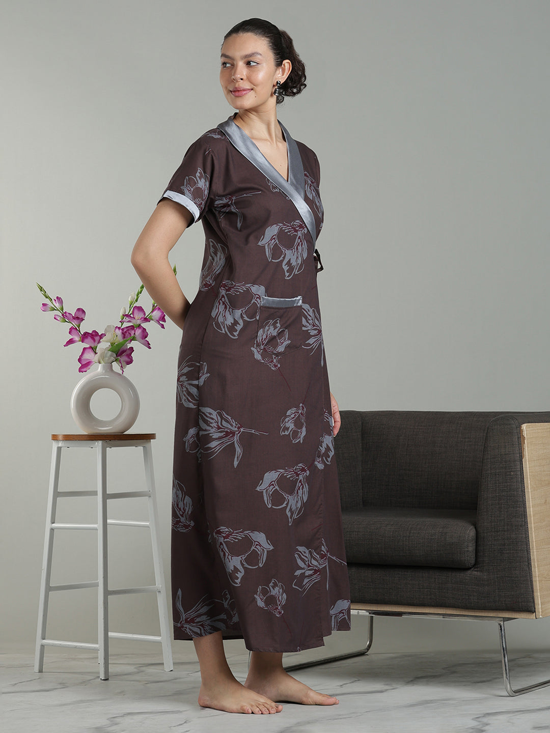 Brown mist viscose blend branded housecoat for women