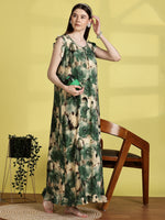 Saheli Printed Sleeveless Nighty for Women in Mist Green with Ruffled Hem