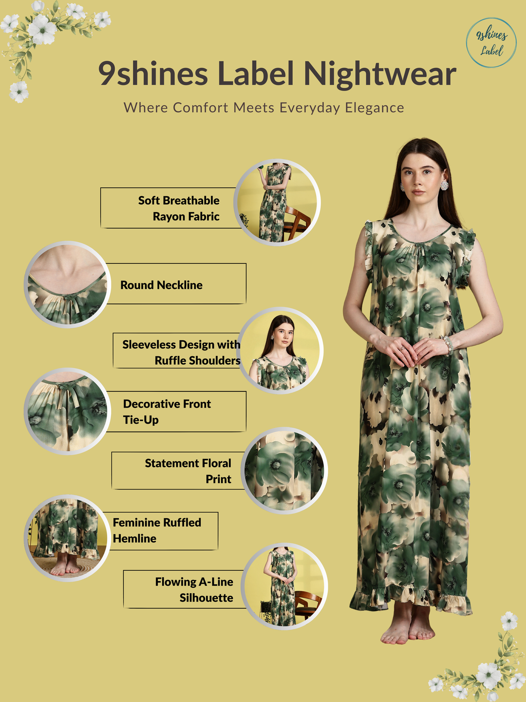 Mist green rayon stylish sleeveless nighty for women