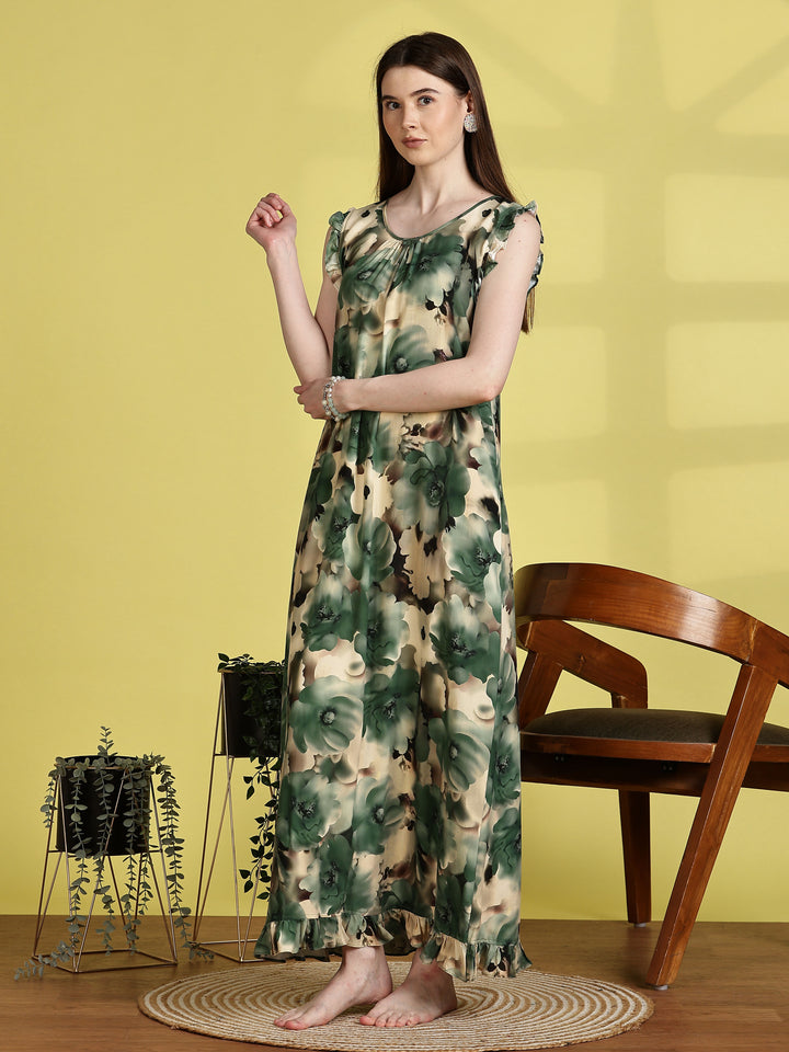 Mist green rayon stylish sleeveless nighty for women
