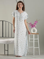 Crush Cotton Tulip Print Nighty Dress For Women Cool Misty Blue