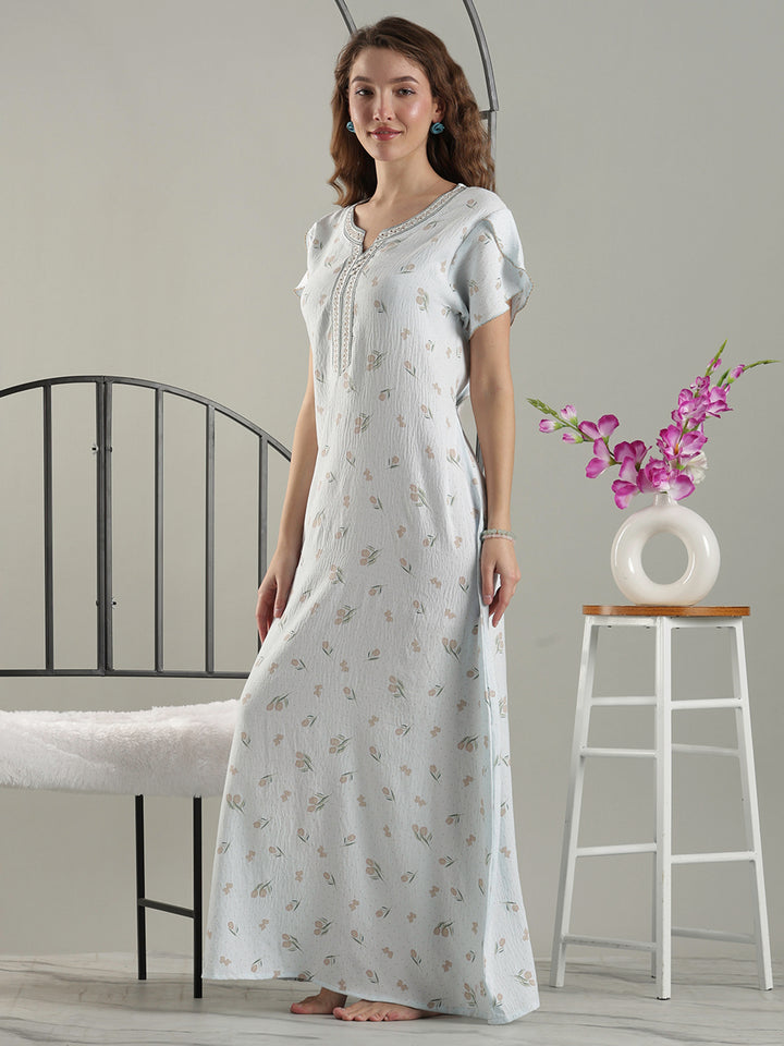 Misty Blue Crush Cotton Tulip Best Fancy Nighty for Women