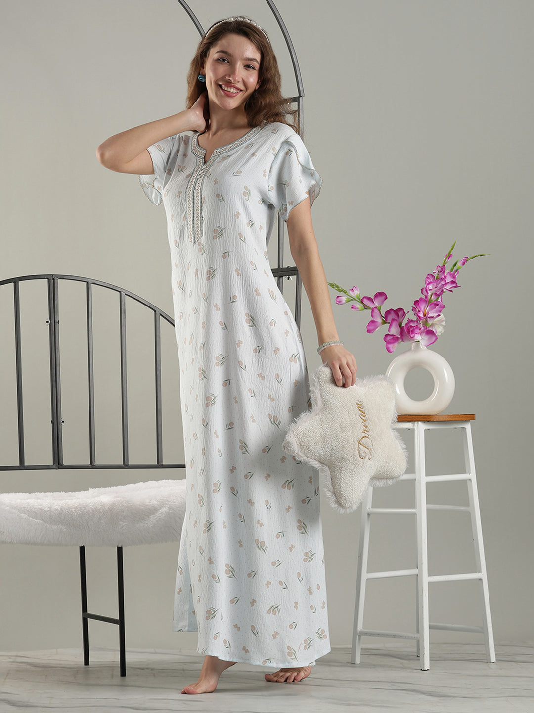 Misty Blue Crush Cotton Tulip Best Fancy Nighty for Women
