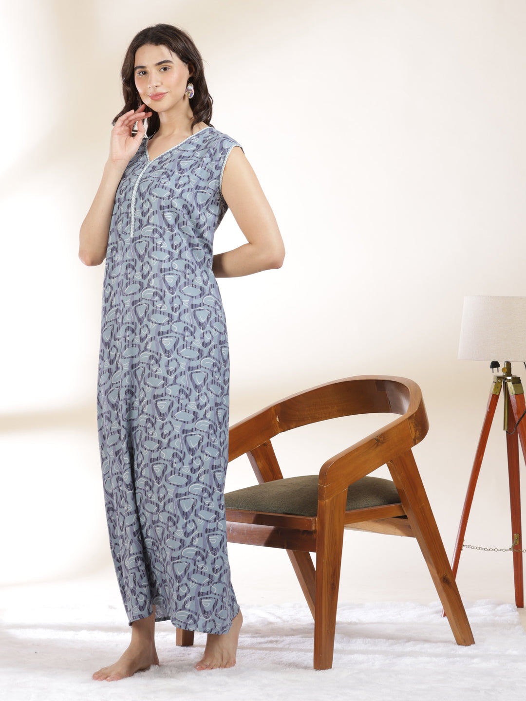 Misty blue cozy sleeveless nighty for women