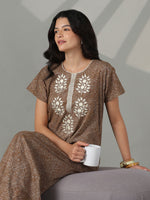 Charm Mocha Floral Embroidered Pure Cotton Nighty for Women