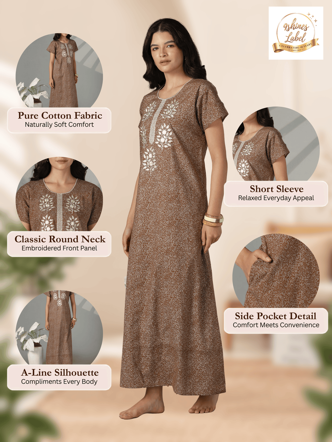Mocha floral embroidered cotton nighty for women online