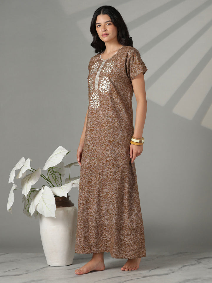 Mocha floral embroidered cotton nighty for women online