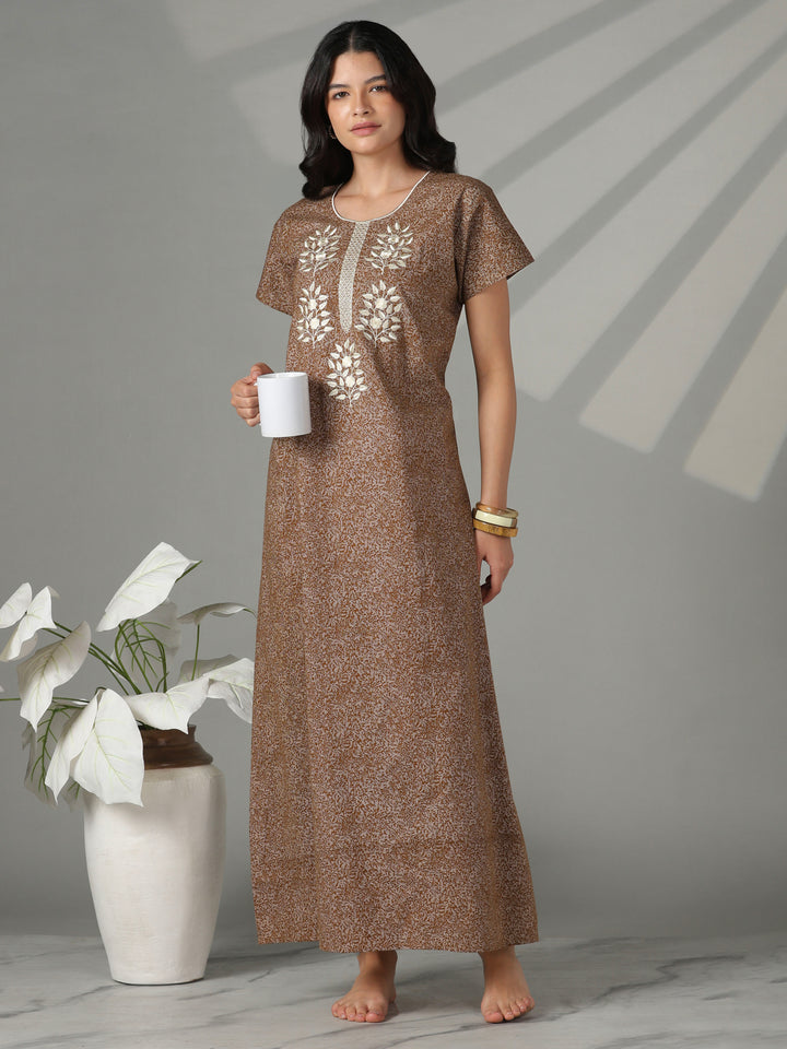 Mocha floral embroidered cotton nighty for women online