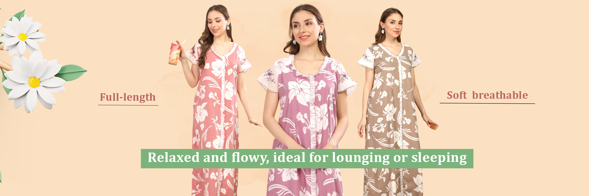 Multi-color floral nightwear range in breathable cotton featuring full-length comfort fits for women